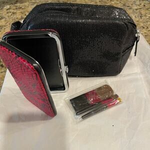 Cosmetic trio bag  -2 black glistening bag - pink inside- 3pc brush -card case
